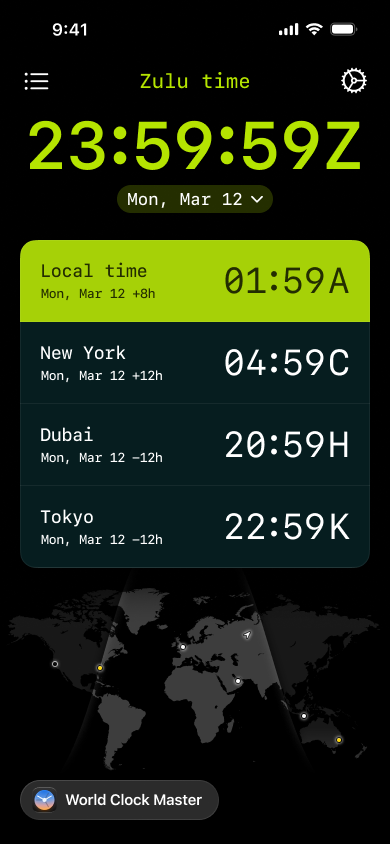 Zulu Time app showing 23:59:59Z with NATO time zone letters