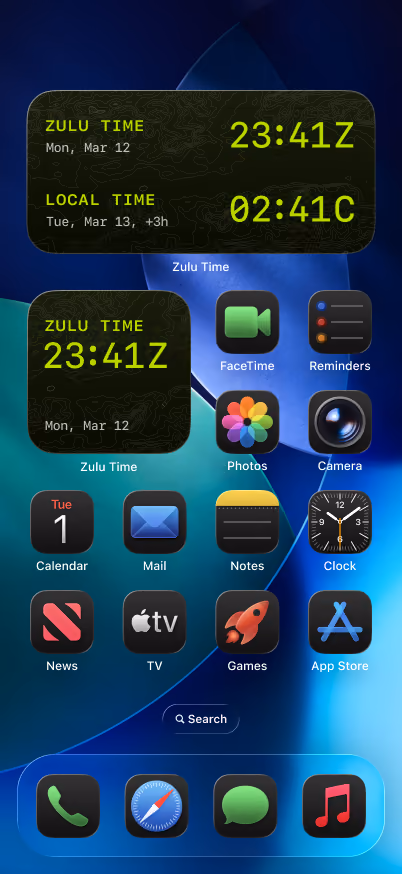 Виджеты Zulu Time на домашнем экране и экране блокировки iPhone