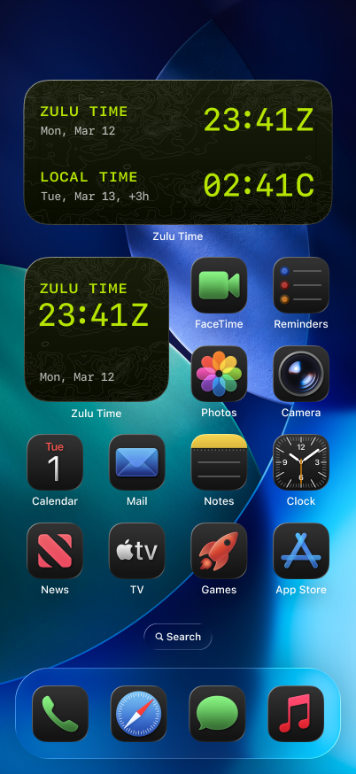 Zulu Time home screen and lock screen widgets on iPhone